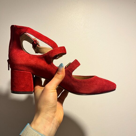 Banana Republic Red Suede Buckle Heels - Picture 2 of 5
